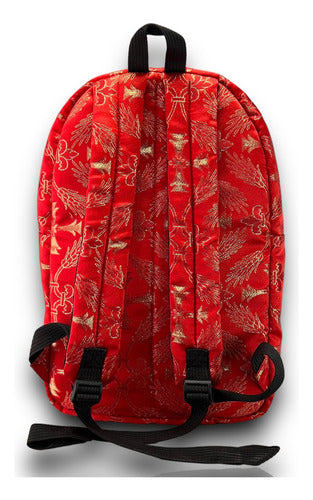 Mochila Sacristía En Tela Brocada Roja Con 3 Corazones Bordados