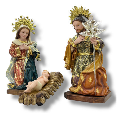 Nacimiento 3piezas 20cm Talla En Madera Estofado En Oro Fino