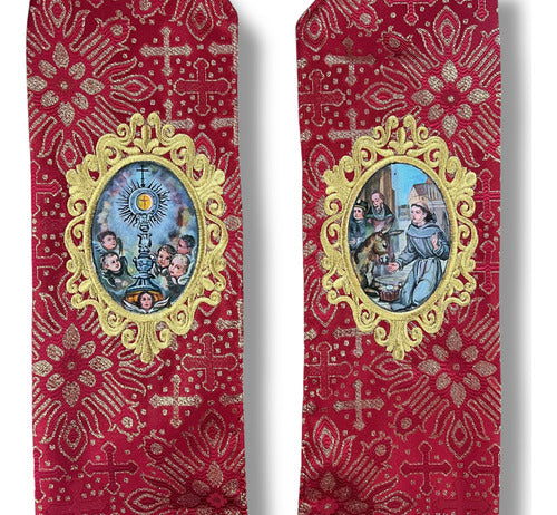 Estola Sacerdotal Brocada Bordada, Pintada A Mano Roja