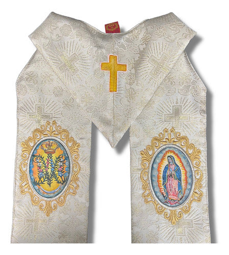 Estola Sacerdotal Brocada Bordada, Pintada Virgen Guadalupe