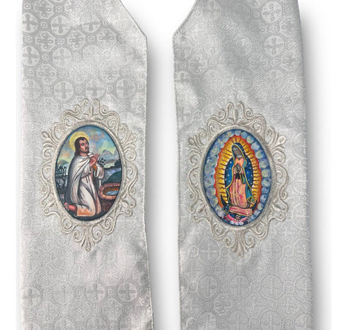 Estola Sacerdotal Brocada Bordada, Pintada A Mano Plateada