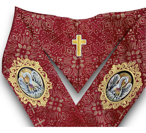 Estola Sacerdotal Brocada Bordada, Pintada A Mano Roja