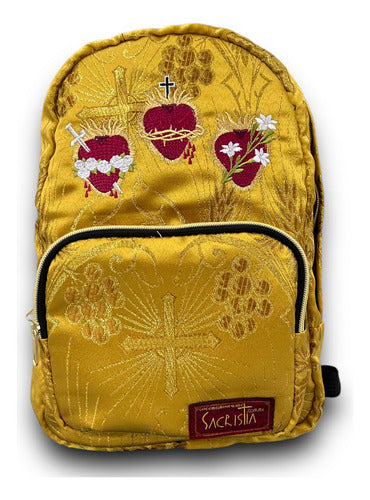 Mochila Mini Sacristía Bordada 3 Corazones Brocada Dorada