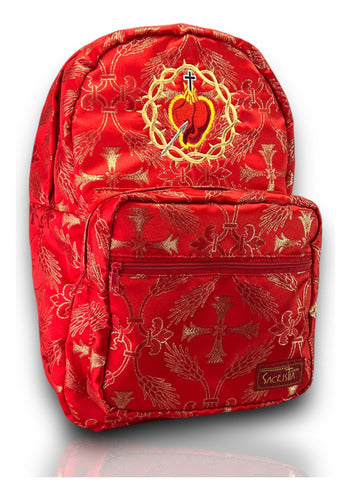 Mochila Sacristía En Tela Brocada Roja Con El Corazón De Jesús Bordado