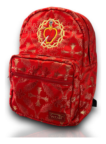 Mochila Sacristía En Tela Brocada Roja Con El Corazón De Jesús Bordado