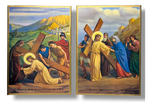 Juego De Viacrucis En Acabado Dorado 42cm X 30cm (15 Pzas)