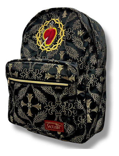 Mochila Sacristía En Tela Brocada Roja Con El Corazón De Jesús Bordado