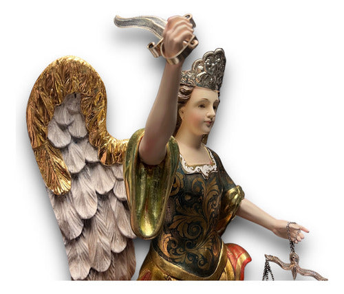 San Miguel Arcángel En Madera Estofado En Oro Fino 43cm