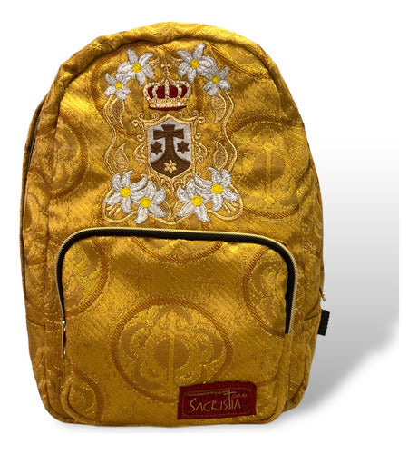 Mochila Mini Brocada Dorada Bordada Con Escudo De La Vigen Del Carmen