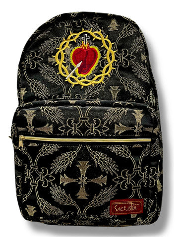 Mochila Sacristía En Tela Brocada Roja Con El Corazón De Jesús Bordado