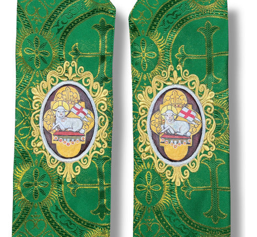 Estola Sacerdotal Brocada Y Bordada,  Pintada A Mano Verde
