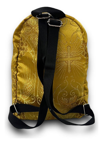 Mochila Mini Sacristía Bordada 3 Corazones Brocada Dorada