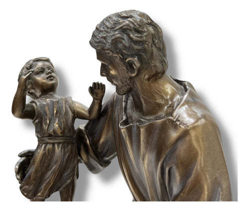 San José Carpintero Con Niño Jesús Acabado Tipo Bronce 22cm