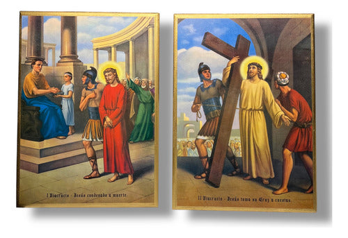Juego De Viacrucis En Acabado Dorado 42cm X 30cm (15 Pzas)