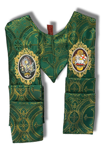 Estola Sacerdotal Brocada Y Bordada,  Pintada A Mano Verde