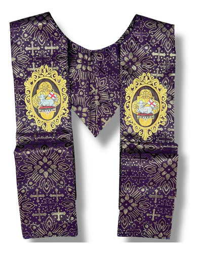 Estola Sacerdotal Brocada Bordada, Pintada A Mano Morada