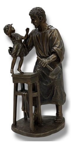 San José Carpintero Con Niño Jesús Acabado Tipo Bronce 22cm