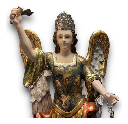 San Miguel Arcángel En Madera Estofado En Oro Fino 43cm