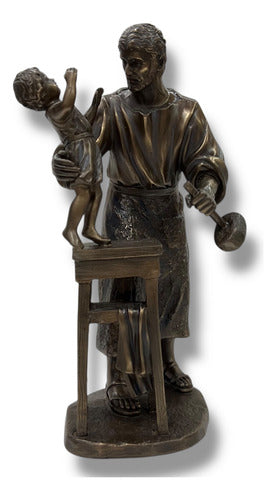 San José Carpintero Con Niño Jesús Acabado Tipo Bronce 22cm