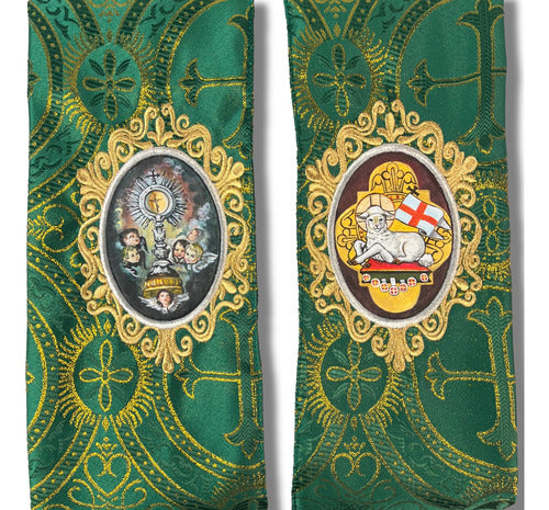 Estola Sacerdotal Brocada Y Bordada,  Pintada A Mano Verde