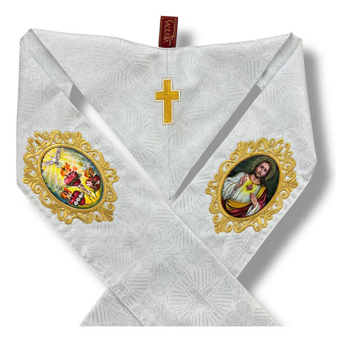 Estola Sacerdotal Brocada Bordada, Pintada A Mano Plateada