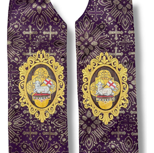 Estola Sacerdotal Brocada Bordada, Pintada A Mano Morada