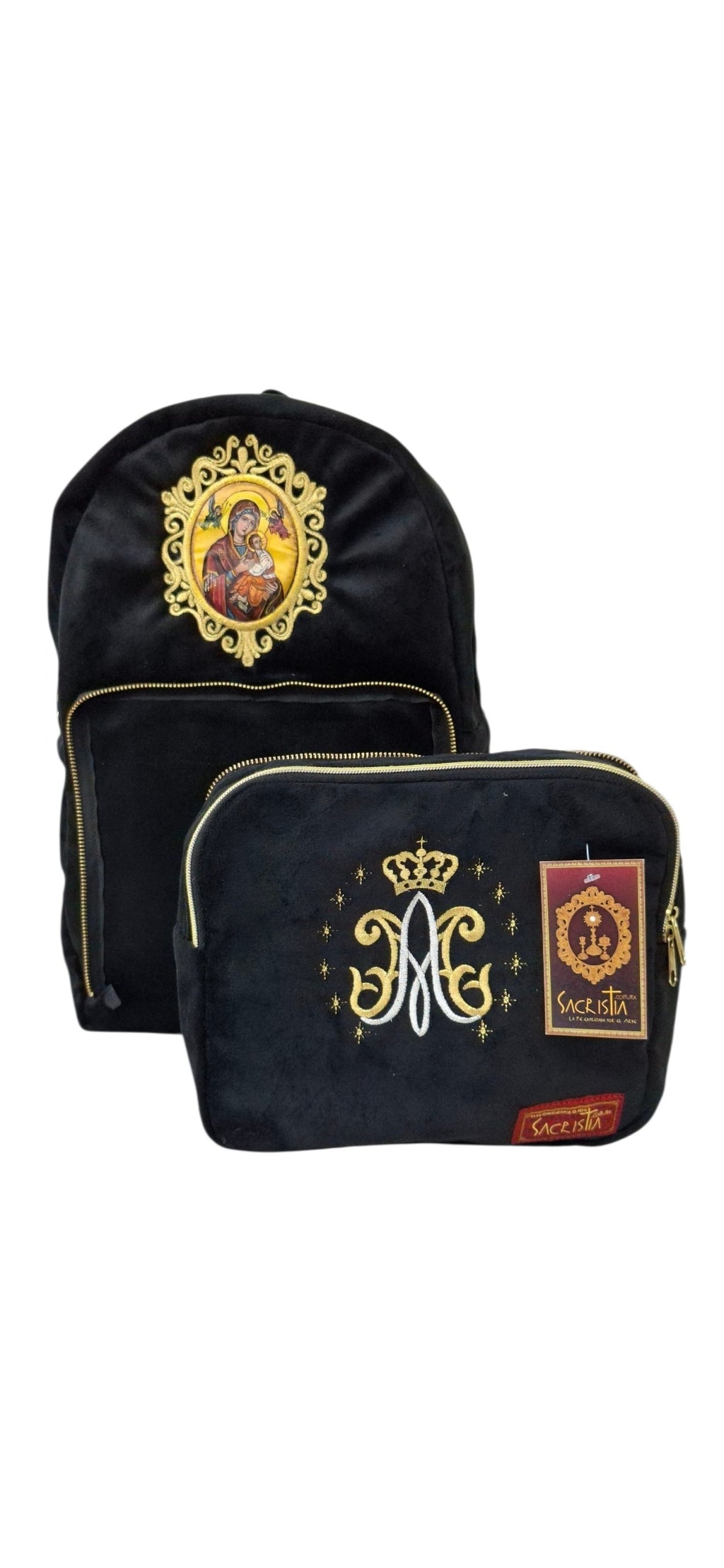 Mochila Sacristía O Sacrimochila 4.0 Bordado Mariano Y Pintura De La Virgen Del Perpetuo Socorro Con Bolsa Desmontable