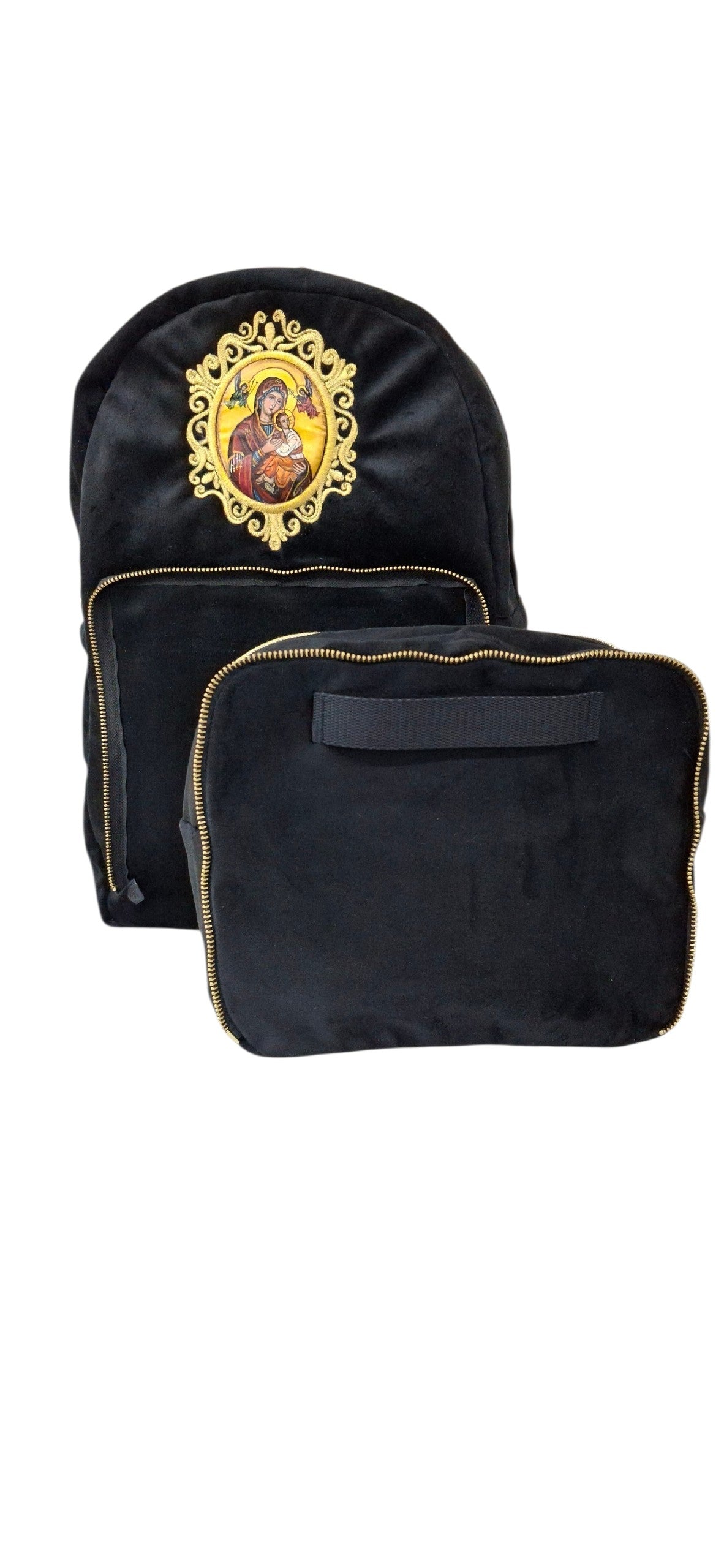Mochila Sacristía O Sacrimochila 4.0 Bordado Mariano Y Pintura De La Virgen Del Perpetuo Socorro Con Bolsa Desmontable