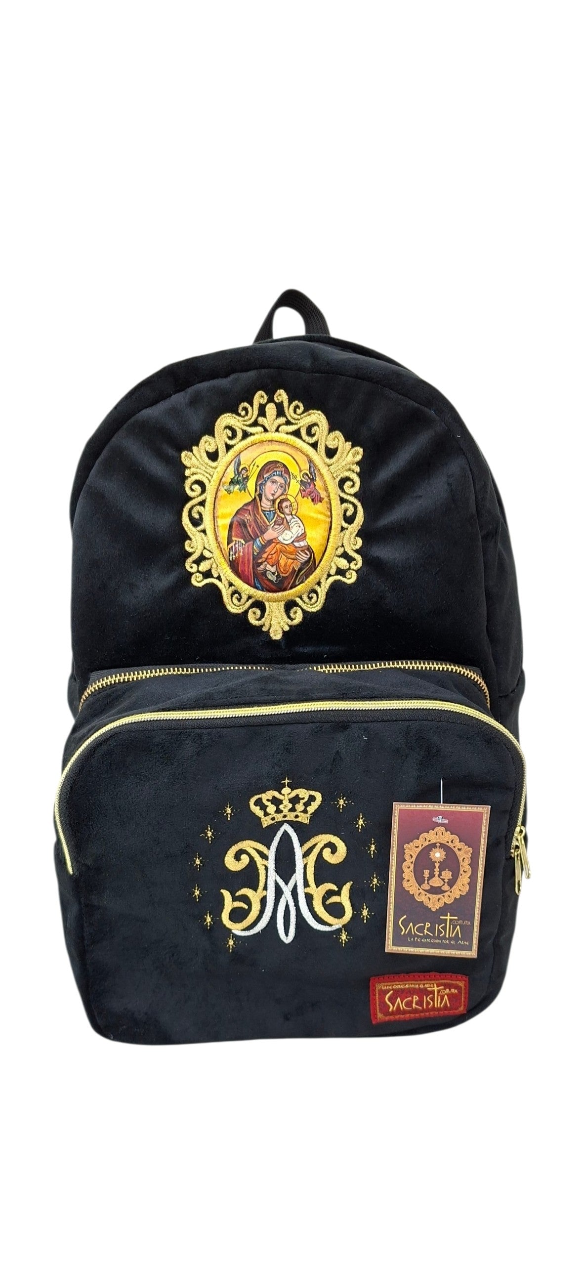 Mochila Sacristía O Sacrimochila 4.0 Bordado Mariano Y Pintura De La Virgen Del Perpetuo Socorro Con Bolsa Desmontable