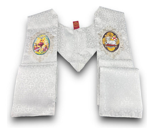 Estola Sacerdotal Brocada Bordada, Pintada A Mano Plateada