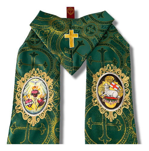 Estola Sacerdotal Brocada Y Bordada,  Pintada A Mano Verde