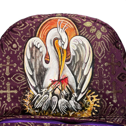 Mochila Sacristía Morada Símbolo Pelicano Cristiano