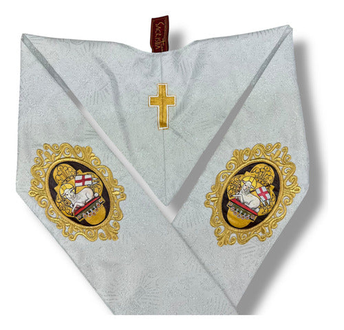 Estola Sacerdotal Brocada Bordada, Pintada A Mano Plateada