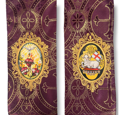 Estola Sacerdotal Brocada Bordada, Pintada A Mano Morada