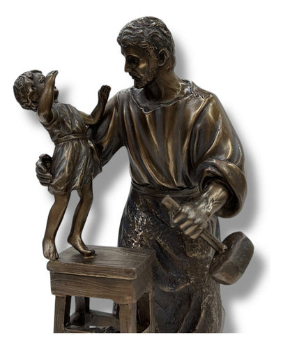 San José Carpintero Con Niño Jesús Acabado Tipo Bronce 22cm