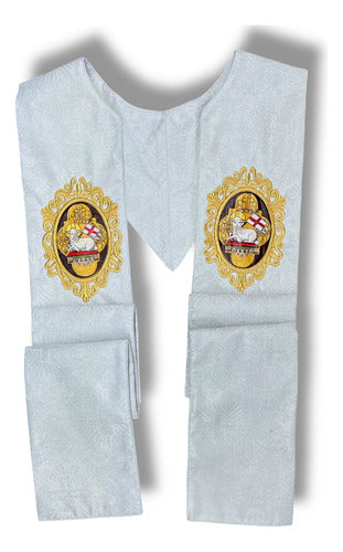 Estola Sacerdotal Brocada Bordada, Pintada A Mano Plateada