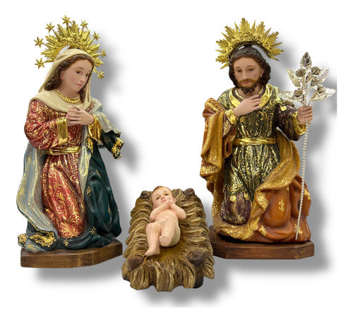 Nacimiento 3piezas 20cm Talla En Madera Estofado En Oro Fino