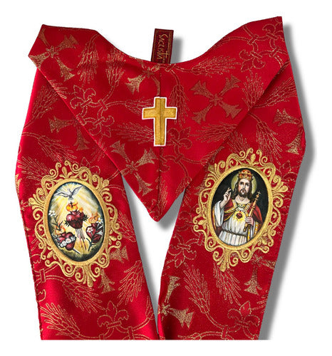 Estola Sacerdotal Brocada Bordada, Pintada A Mano Roja