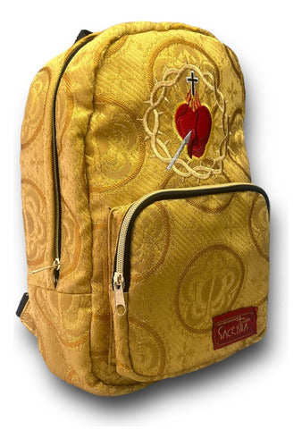 Mochila Mini Sacristía En Tela Brocada Bordada Dorada Corazon De Jesús